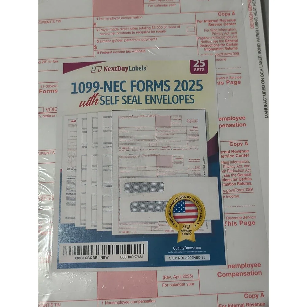 Next Day Labels 1099 NEC Forms 2025 With Self Seal Envelopes 25 Sets